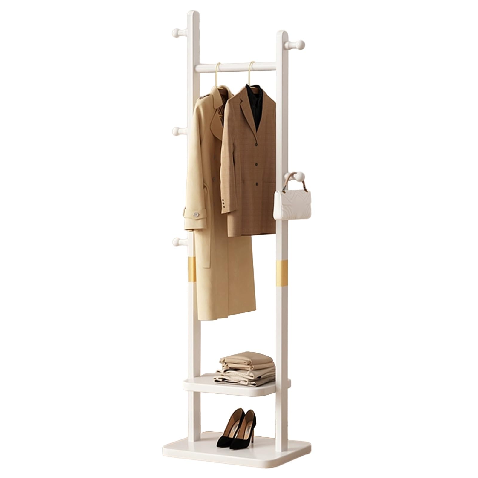 FGXHHS Freestanding Coat Rack with Double Shelf, Solid Wood Hanger Stand Hooks for Entryway, Hallway, Living Room, Bedroom - Stylish White 60cm/24in