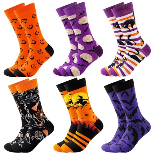 BISOUSOX 6 Paare Halloween Socken für Herren und Damen - Lustige Bunte Baumwollsocken mit Kürbis Fledermaus & Spinnen Motiven - Geschenk für Männer - Größe 39-46
