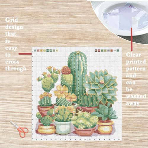 Image of FREEBLOSS Cactus Cross Stitch Kit Cross Stitch Starter Kit for Adults with Instructions 13 * 17'' Pure Cotton Cloth Cross Stitch for Beginnrs Cross stitch Wall Hanging No Frame