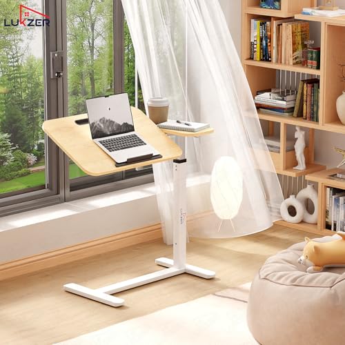Image of Lukzer MST-003 White Frame Oak Light Tilt Top Overbed Table with Cupholder & Wheels | Adjustable Height Laptop Desk for Bed & Sofa | Rolling Bedside Table for Home, Hospital, Office Use | 40x76x95 cm