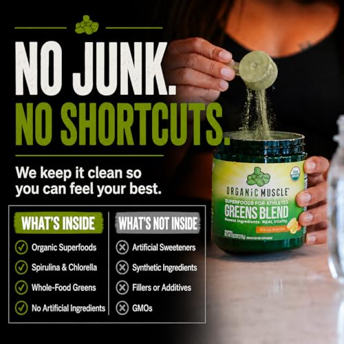 Image of Organic Muscle Super Greens Powder superfood Supplement | USDA Certified Organic with Spirulina, Chlorella, Matcha, Probiotics | Plant Based, Vegan, Keto, Non-GMO | Lemon Flavor, 30 Servings