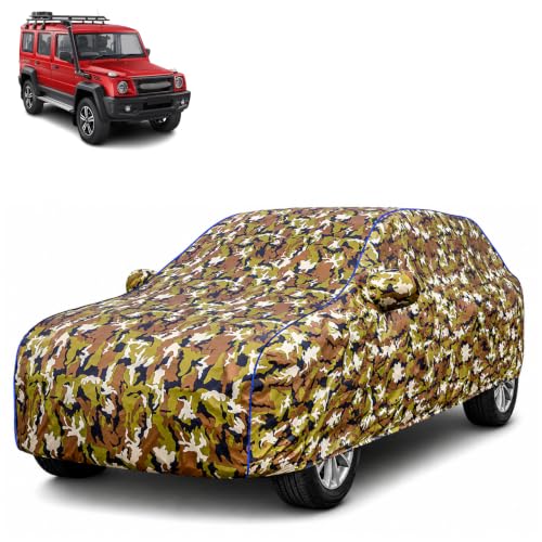 Image of Waterproof Car Body Cover for Force Motors Gurkha with Mirror Pocket| Cotton Inner Lining | Triple Stitched | All Weather Protection | Dust, UV & Rain Proof (Camouflage with Blue Piping)