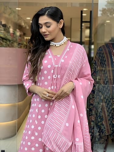 Image of Pinkmint Polka Dot Printed Anarkali Muslin Kurta Set with Striped Palazzo & Dupatta Set for Women Elgant Festive & Casual wear