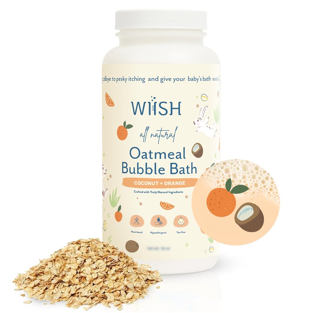 WIISH Baby Oatmeal Bubble Bath - Baby Bubble Bath for Sensitive Skin with 30% Colloidal Oatmeal | Orange + Coconut | Healing Ingredient, Soothing Itchiness, Rashes, Dryness 16 oz(260g)