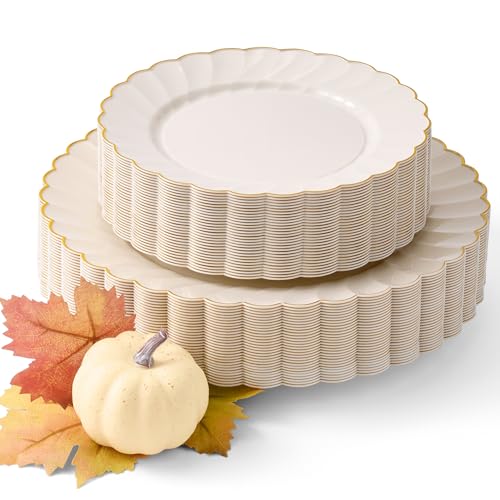 By Madee HEAVYWEIGHT 60 Pc Thanksgiving Plates Disposable – Ivory Scalloped Plates with Gold Trim | 30 Dinner & 30 Dessert for Party, Fall & Friendsgiving (30 Guests)