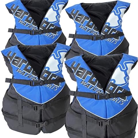 4 Pack Hardcore Coast Guard Type III PFD for Adults; Life Jacket Paddle Vest for Adults; Life Vest Flotation Device; Jet ski, Wakeboard, Kayak; Extra Life Jacket for Pontoon Boat Blue Cover