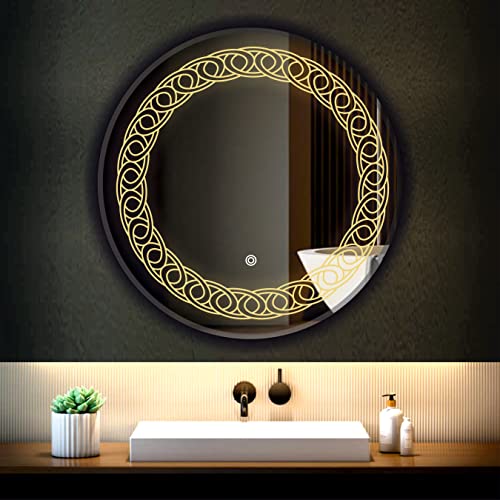 Image of LED Mirror Glass Bathroom Wall - Decorative Led Mirror with Touch Sensor Lights Cabinet Vanity Wall Design Darpan Full Length for Home (21x21 Inch Round DH2)