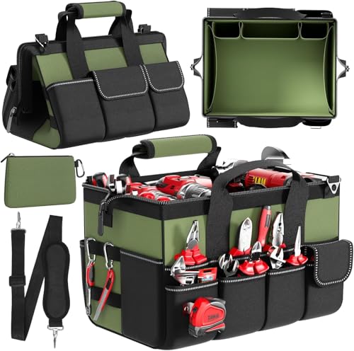 Image of WELDUN Tool Bag 15.5 Inch with 1 Pouch, 17-Pocket Portable Tool Box Organizer Storage with Adjustable Strap, Soft Handle, 39.5x25x26cm Heavy Duty Tool Bags for Men Gifts for Fathers Day (Green)