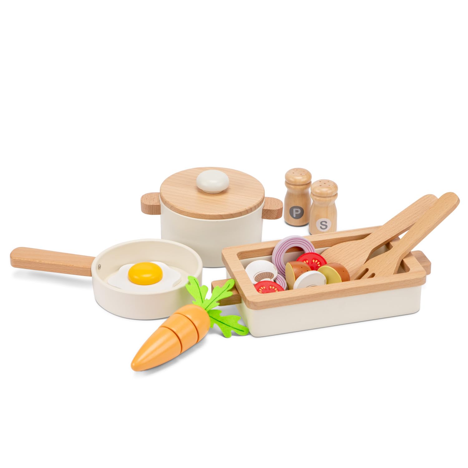 Woet – Wooden Cooking Playset for Toddlers Age 24 Months+ – 20-Piece FSC Kitchen Toy with Pots, Pan, Vegetables & Egg – Pretend Food & Cookware Set – Role Play for Boys and Girls