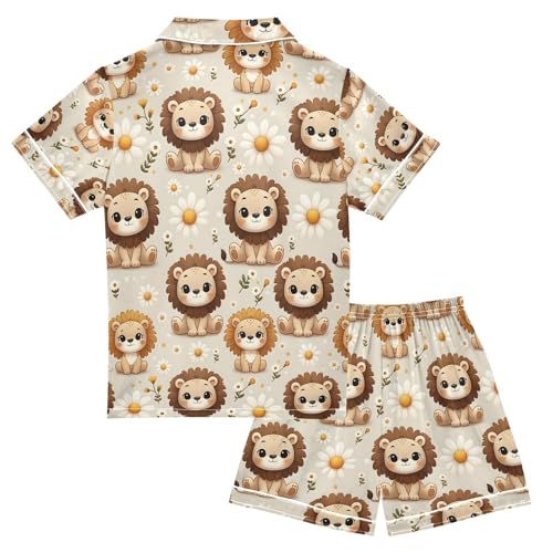 ALAZA Lion Daisy Blossom Floral Pajamas Satin Pajama Set Short Sleeve Button Down Sleepwear2
