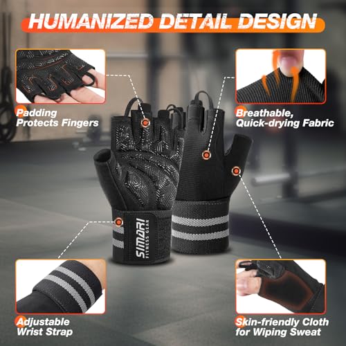 SIMARI Workout Gym Gloves for Men Women, Weight Lifting Gloves with Wrist Wrap Support, SBR Pad Grip for Full Palm Protection, for Exercise, Fitness, Dumbbells, Barbell, Climbing, Fingerless - Image 6