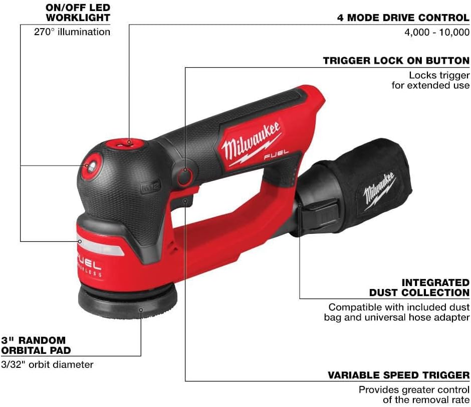 v For Milwaukee M12 FUEL 3 Inch Random Orbital Detail Sander (Bare Tool) + TPT Premium cart storekid