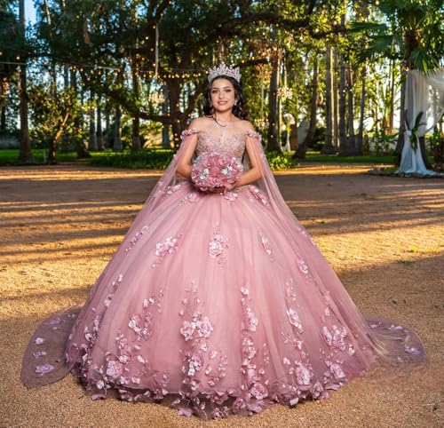 XYAYE Off Shoulder Quinceanera Dresses with Cape Puffy Tulle Sweet 15 16 Dresses Gorgeous 3D Flowers Beaded Ball Gown4