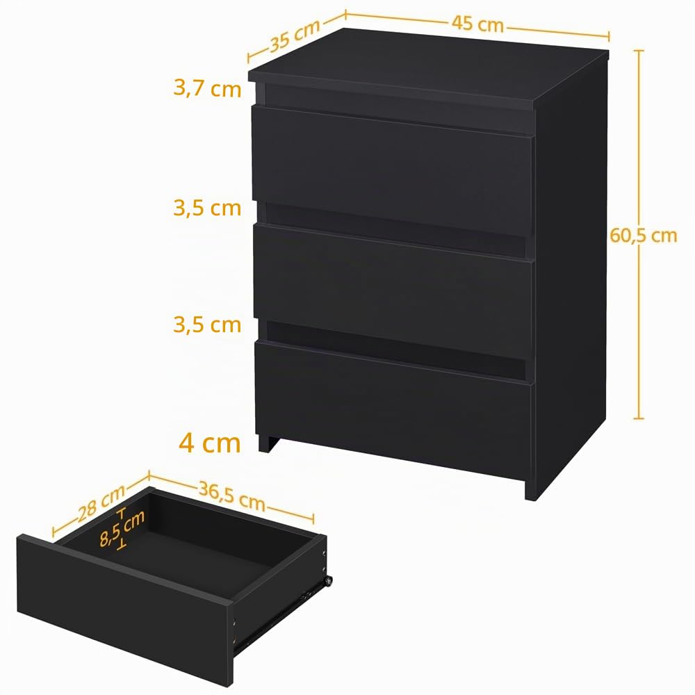 Yaheetech 2X Mesitas de Noche Negras con 3 Cajones Mesas Auxiliares | de Madera Estilo Moderno para Sala de Estar 45 x 35 x 60,5 cm Dormitorio Salón