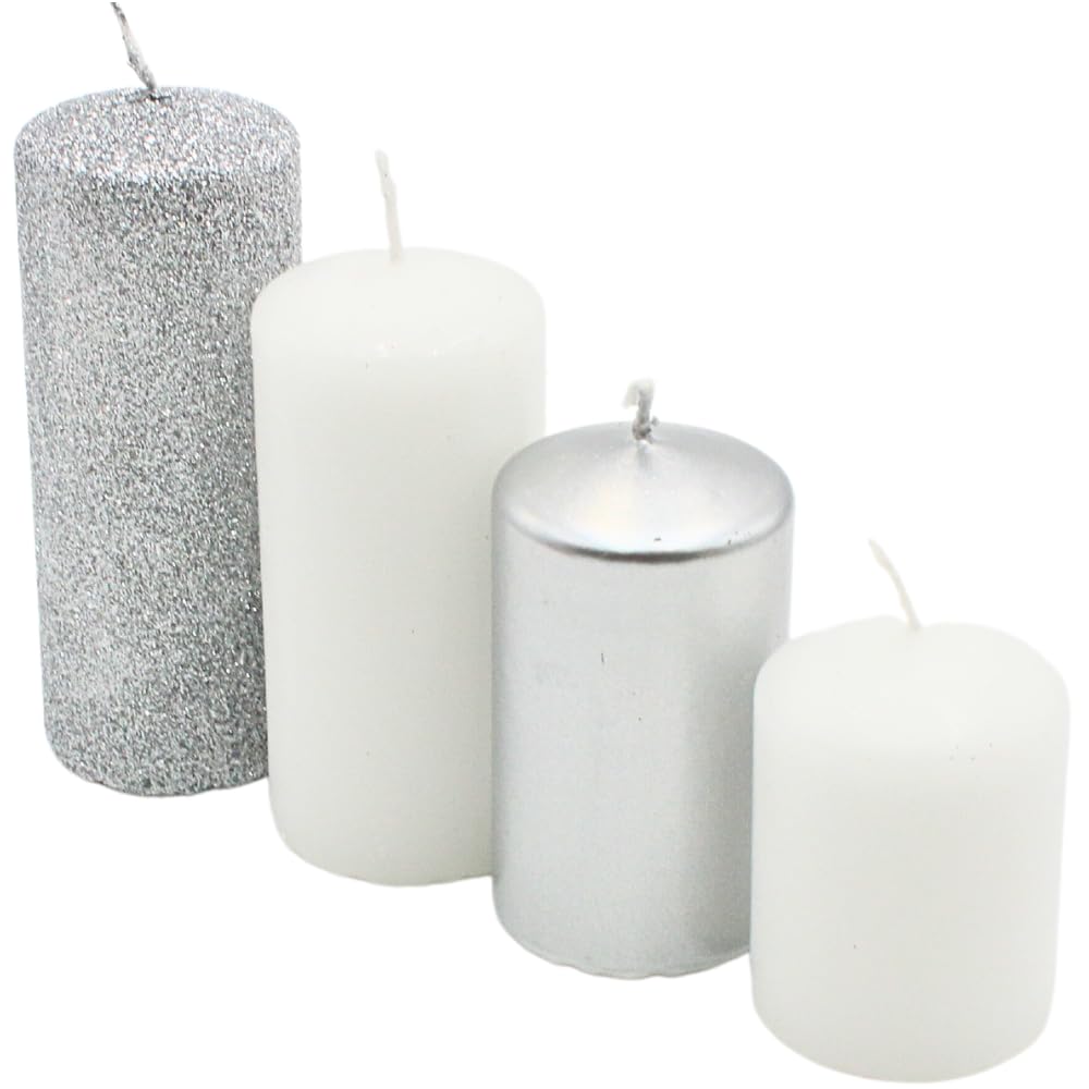 Dekohelden24 Candele a pilastro, candele dell'Avvento, candele a corona dell'Avvento, in argento e bianco, 4 misure – H 5 – 10 cm, Ø 4 cm, 280 g