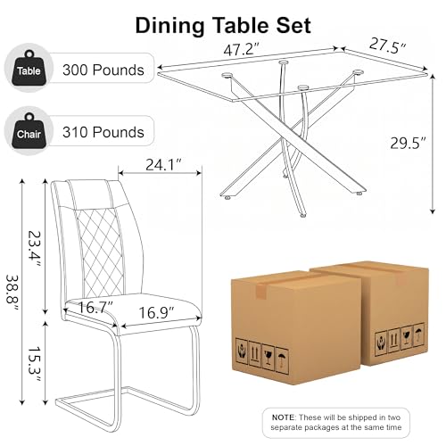 Image of 5 Piece Glass Dining Table Set for 4, Modern Tempered Glass Top Kitchen Table and Chairs Set, 4 Upholstered Chairs, Space-Saving Small Apartment Dining Set, Gold & Gold