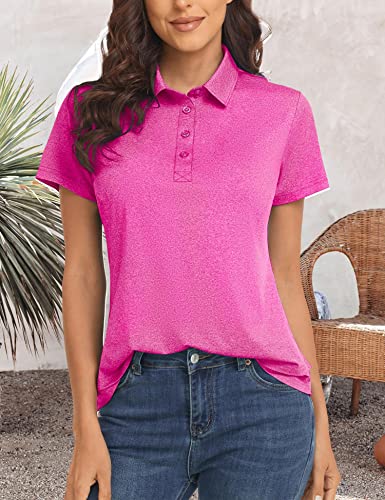 Polu Women's Golf Polo Shirts Moisture Wicking Short Sleeve Casual Collared Tennis T-Shirts 4-Button Summer Tops Blouse Rose Red L #TOP1