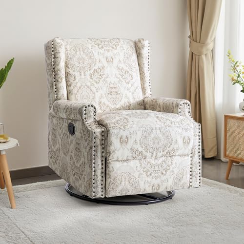 Image of Swivel Rocker Recliner Chair, 360 Swivel Wingback Recliner Chairs for Living Room, Upholstered Printed Fabric Glider Rocking Chair with High Back, Deep Seat forBedroom, Beige
