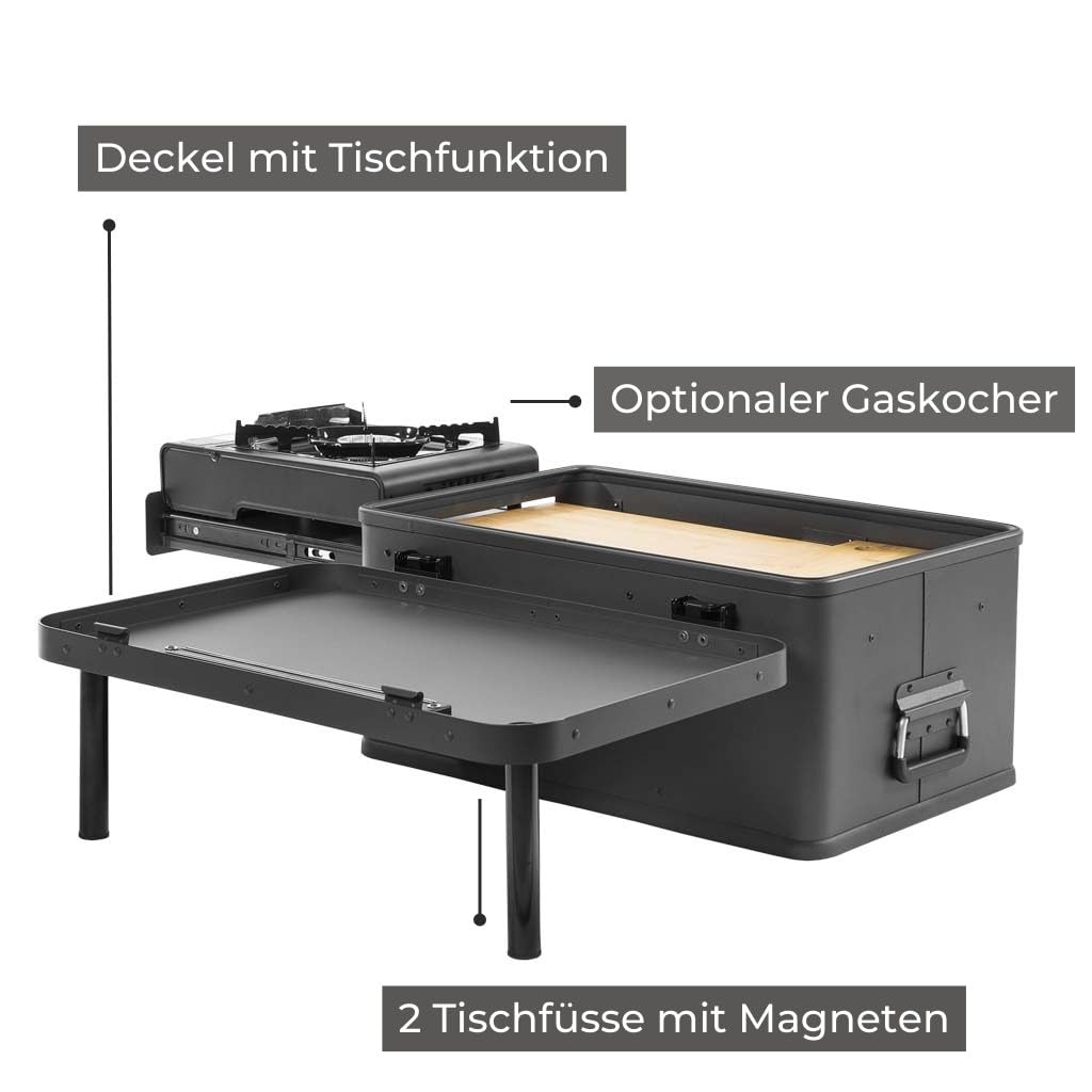 LAYZEE Box JUNIOR, mobile da cucina per veicoli/campeggi/balconi/terrazze/Eurobox dimensioni 60 x 40 x 27 cm (lunghezza x larghezza x altezza), kitchenbox/cucina da campeggio 10 kg in alluminio