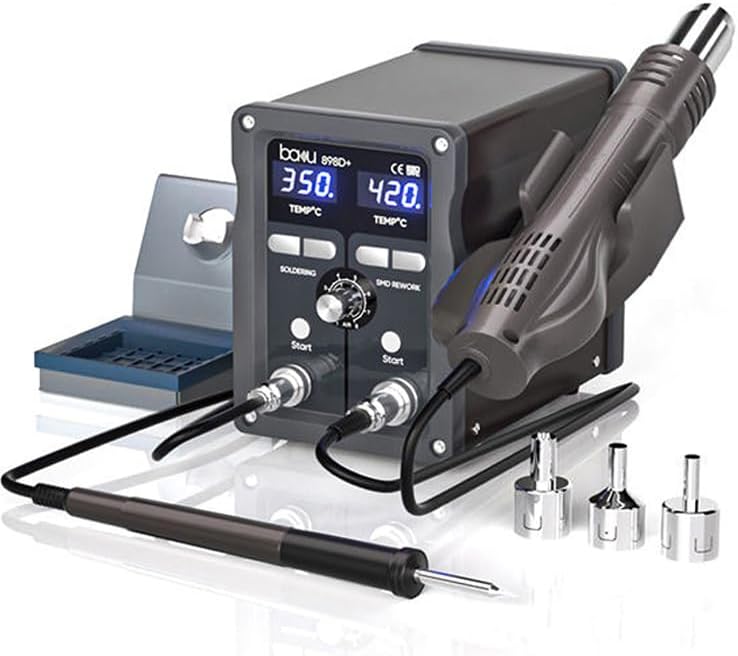 BA-898D+ 2 in 1 Digital Rework Station With Hot Air Station and Soldering Station, 110V Hot Air Rework Station with 3 Air Nozzles, Adjustable Temperature Desoldering Gun BGA Rework Station