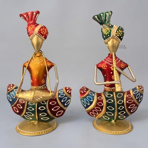 Image of Sitting Sardar Set of 2 Golden Handcrafted Rajasthani Musician Figurines, Traditional Metal Table Decor Showpiece for Office Desk, Corporate Bulk Gifting (2x10x16 cm)