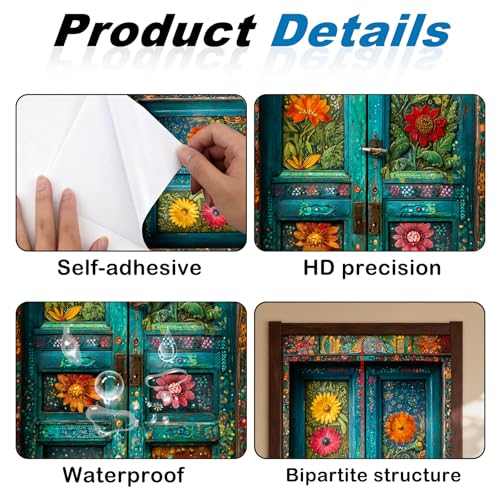 Image of Nuxovilar Floral Art Door Stickers Peel Stick PVC 30.3x78.7 Inches Cover | Door Stickers Wall Decals Peel Stick Cover Vinyl Art Poster Home Bedroom Living Room (Boho Floral)