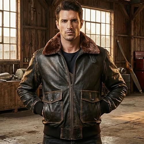 Image of Mens G-1 Fur Collar US Navy Flight Distressed Brown Aviator Genuine Leather Jacket