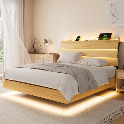 iPormis Floating Full Size Metal Bed Frame with LED Lights & Charging Station, Platform Bed with Wooden Storage Headboard, Sturdy Steel Slats, No Box Spring Needed, Easy Assembly, Noise-Free, Oak