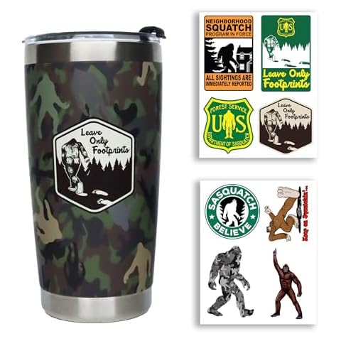 SQUATCH METALWORKS Camo Bigfoot/Sasquatch Tumbler - Stainless Steel 20 Oz Reusable Insulated Travel Drinking Mug with Lid - With 8 Squatchin' Stickers Cover