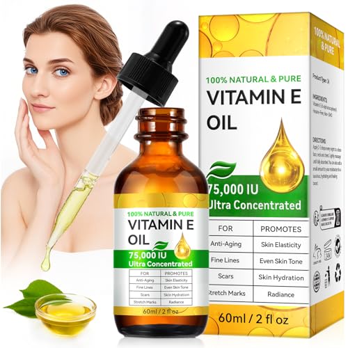 Vitamin E Oil for Skin and Face, Pure Vitamin E Hair Oil, Natural Nourishing Body Oil for Deep Hydration, Vitamin E for Scars-Anti-Aging and Firming Skin, Anti-Drying, Reducing Fine Lines 60ml