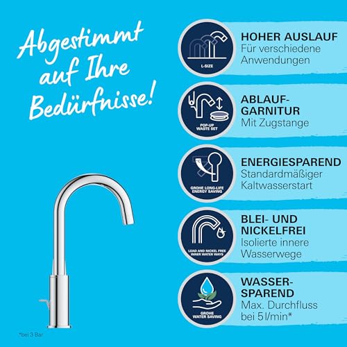 GROHE Swift, Waschtischarmatur hoch, wassersparend (Wasserhahn für das Bad, Badarmatur mit Zugstangen-Ablauf, 31cm hoch, mit 3in1 Werkzeug, einfache Installation am Waschbecken), chrom, 24330001