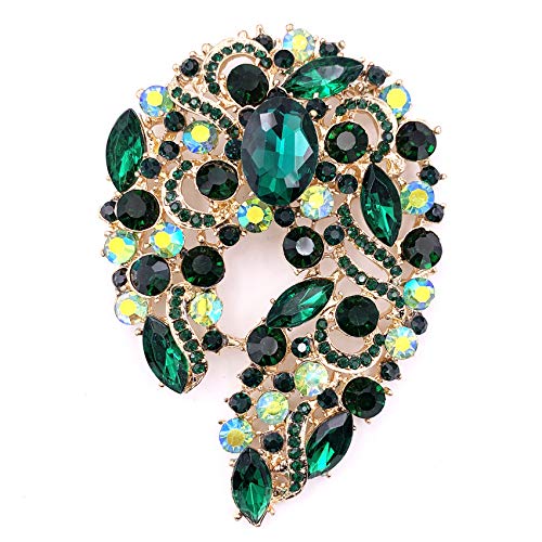 Image of SELOVO Big Large Rhinestone Green Leaf Statement 3.5 inch Brooch Pin Scarf Broach Gold Tone