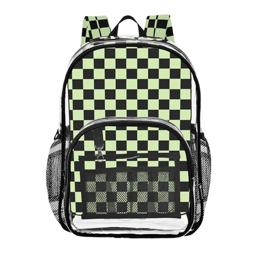 Funny Black Green Checkered Plaid Clear Backpack Heavy Duty See Through Transparent PVC BookBag for Kids Boy Girl Adult School Work