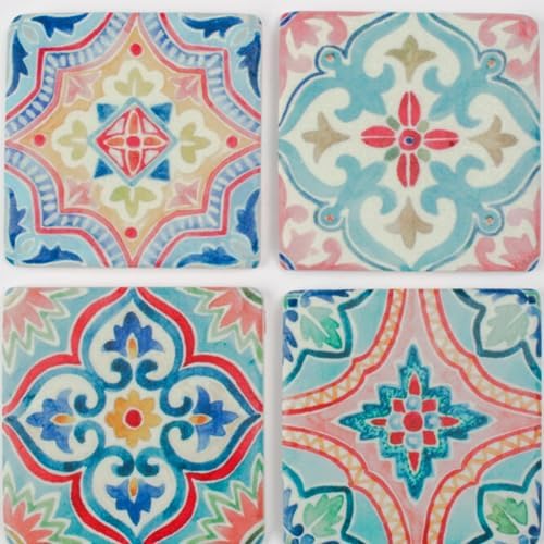 Ceramic Morrocan Geometric Tile Drink Coasters Set of 4 Cork Backed