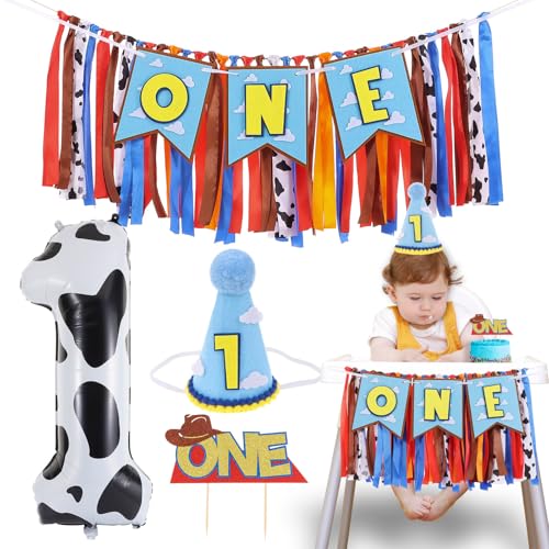 Cartoon Toy Highchair Banner for Baby First Birthday Party Decorations Blue Sky With Clouds High Chair Tassel Banner for Boys Girls Western Cowboy 1st Birthday Photo Props Backdrop Decoration
