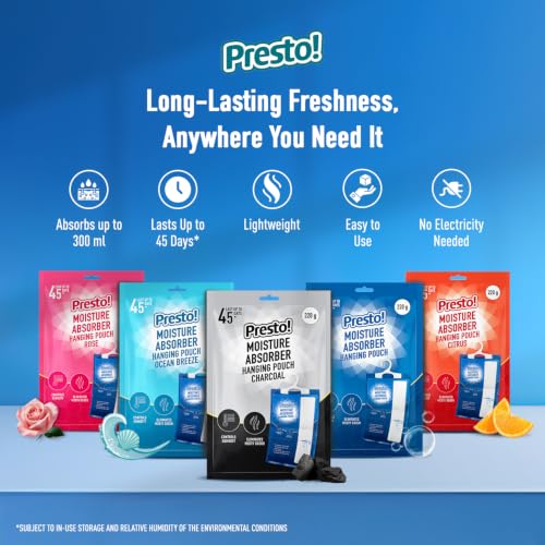 Image of Amazon Brand - Presto! Moisture Absorber Hanging Bag (220g) | Scented | Ocean Breeze, Rose, Citrus, Unscented, Charcoal | Pack of 5