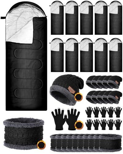 Shyyween 40 Pcs Bulk Sleeping Bags Adult for Homeless, Sleeping Bags Cold Weather Waterproof with Winter Hats Gloves Scarves and Mittens for Camping Emergency Use(Black)