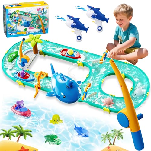 Joellfuner Circuit aquatique d'extérieur 2 en 1 pour enfants - Avec 2 bateaux, 6 figurines d'animaux, 2 pistolets à eau et fonction de pêche, jouet de table...