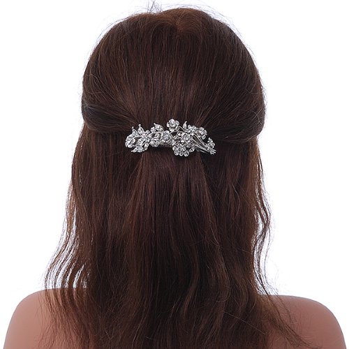 Bridal Wedding Prom Silver Tone Diamante 'Intertwined Flowers' Barrette Hair Clip Grip - 85mm Across, silver, white / ivory - Image 3