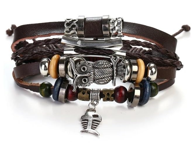 Uniqon Brown Funky Fashionable Adjustable Crystal Stone Beads Multilayer Wrap Braided Decorative Faux Leather Fish Skeleton & Owl/Ullu Bird Cuff Friendship Wrist Band Dori Rope Charms Bangle Bracelet (B0CP2JGG7B) Amazon Price History, Amazon Price Tracker