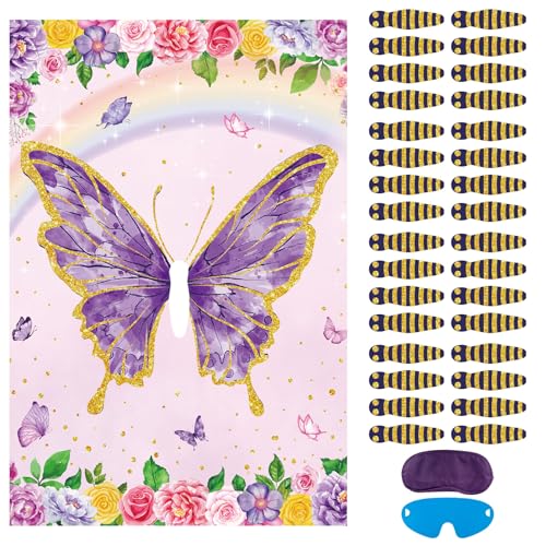 Lemicin Pin The Tail on The Butterfly With 32 Pcs Tails, Large Purple Butterfly Party Games with Spring Flowers Poster for Kids Boys Girls Birthday Carnival Classroom Activities Wall Decorations
