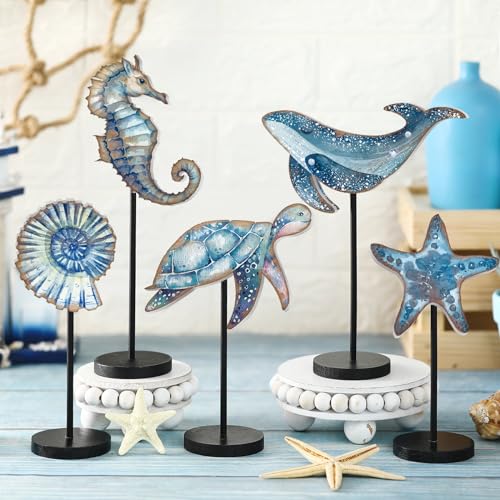 Image of Yousoontic 5 Pcs Summer Wooden Tabletop Decor Freestanding Wood Table Sign Summer Decorations for Home Rustic Tabletop Centerpiece Standing Block Decorations for Farmhouse Office (Ocean Animals)