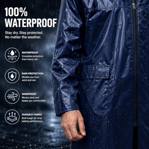 Image of Waterproof Hooded Long Rain Coat for Men, Polyester, Full Sleeves, Regular Fit, Outdoor Riding, Camping & Hiking