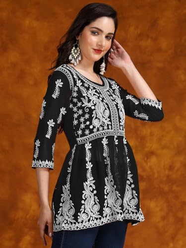 Image of EthnicJunction Georgette Women Chikan Embroidery Short A-Line Kurti | Summer Kurti | Short Kurti for Women | Top for Office | Women's Tunics Tops | Kurta Shirt Top | Regular Fit Top