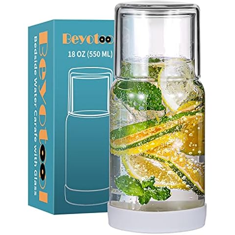Bedside Nightstand Water Carafe and Glass Set, Night Water Carafe with Tumbler Cup, Clear Glass Mouthwash Dispenser for Bathroom, with Silicone Coaster, Heat and Cold Resistant, 18 OZ Cover