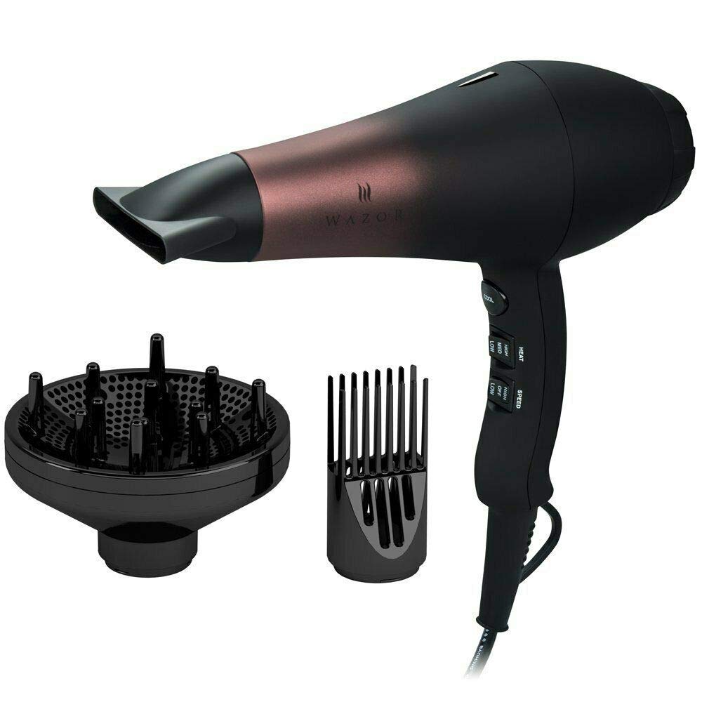 Wazor Professional Ionic Hair Dryer with Diffuser, Infrared Salon Grade Blow Dryer with Comb Attachment, 1875W Powerful Quiet Hair Blow Dryer, Tourmaline Ceramic Hairdryer with Nozzle, Black 3 Piece Set