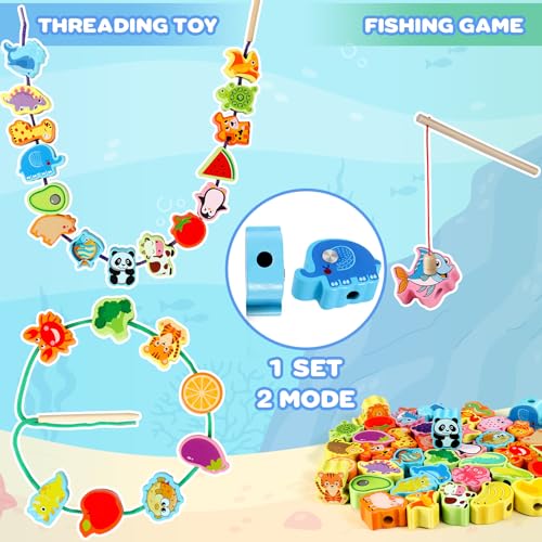 Jojoin Fädelspiel Montessori Spielzeug - Fädelspiel Angelspiel Spiele ab 3 Jahre - 54 Stück Holzspielzeug Magnetisches Angelspiel - Geschenk Mädchen Junge