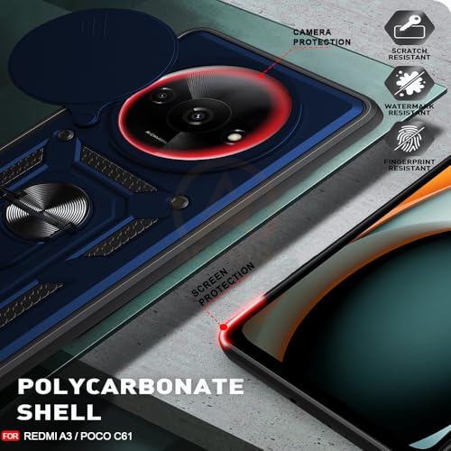 Image of Armor Bumper Back Cover Case for Redmi A3 / Poco C61 Rotating Camera Cover, Ring Holder & Kickstand | Heavy Duty & 360 Degree Protection Redmi A3 / Poco C61 Back Cover (Blue)