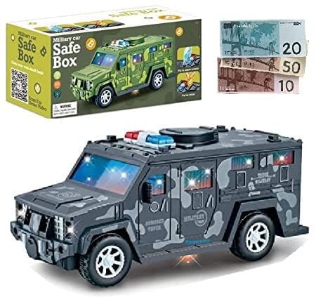 Ixora Military car Money Safe Box for Kids Piggy Coin Cash Savings Box Bump n go Military Truck Lights Sound Music Army Jeep Money Saving Pot Safe ATM Safe Bank Toy car Gifts for Children 2