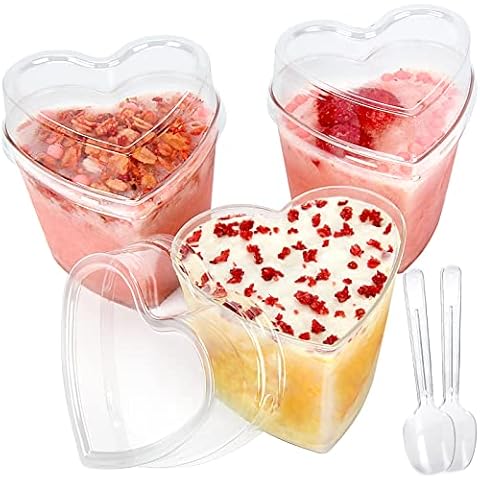 HawHawToys 60 Pack Dessert Cups with Lids and Spoons, 5 oz Heart-Shaped Clear Plastic Appetizer Parfait cups for Mother's Day Gift, Wedding, Bridal Shower Cover